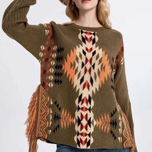 NWT Cotton & Rye Women's Southwestern Fringe Poncho Sweater Olive Brown size S